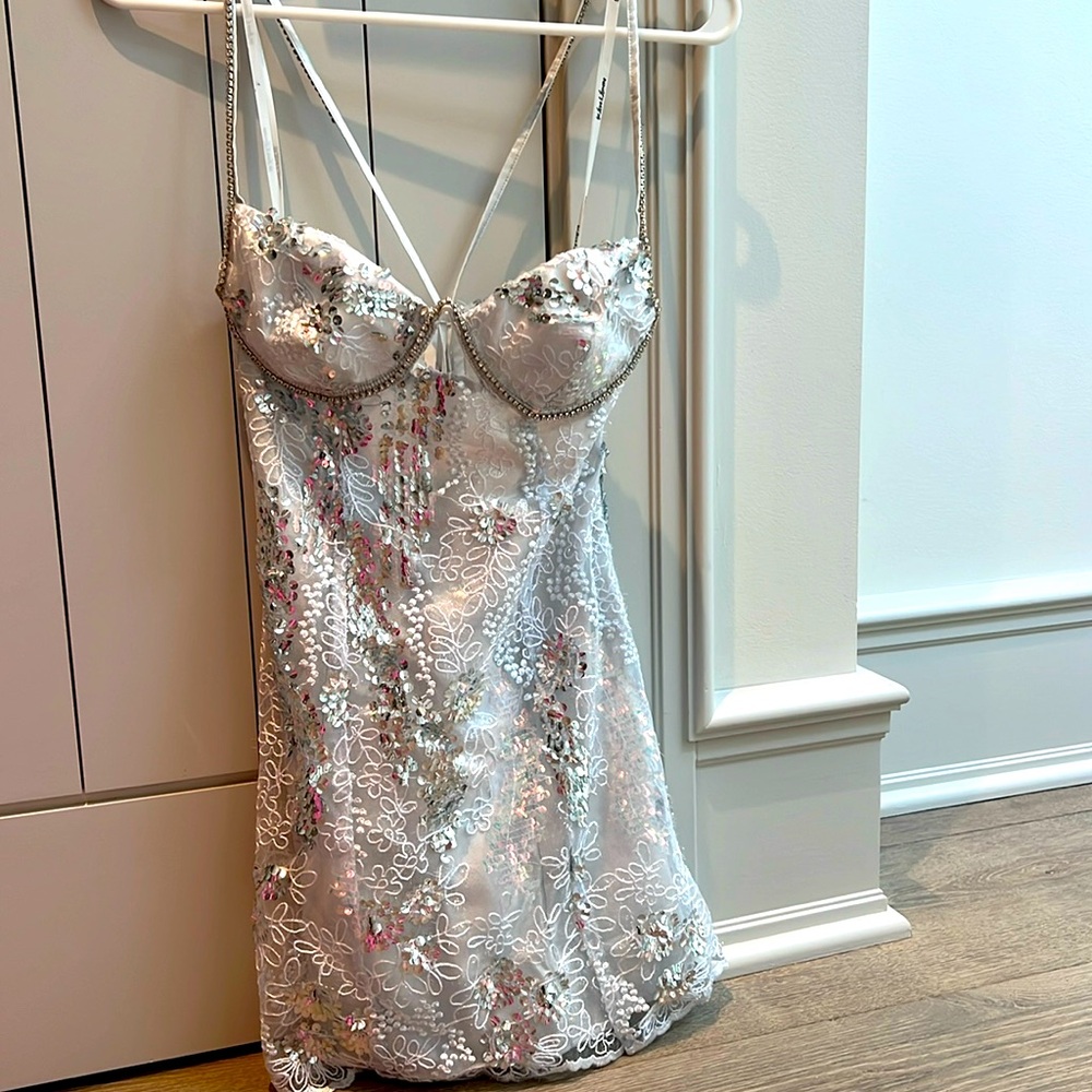 For Love & Lemons Opal mini dress in silver, size XS, new with tags.